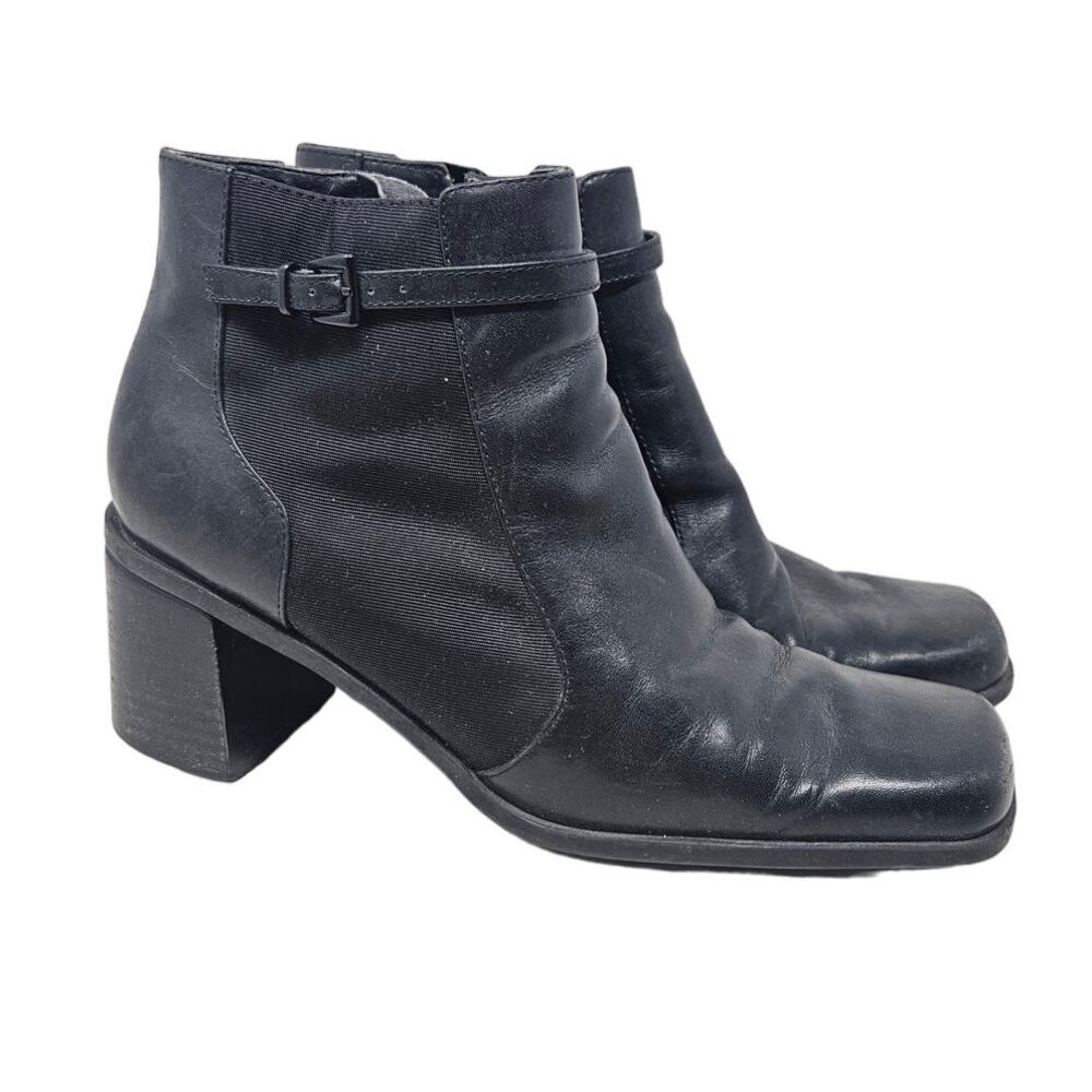 Vintage Y2K 8 Black Leather Chelsea Square Toe Ankle Boot Chunky Goth Grunge